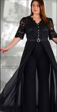 Load image into Gallery viewer, Plus Size Sequined top fancy jumpsuit w chiffon attached skirt over pants w belt - SHB
