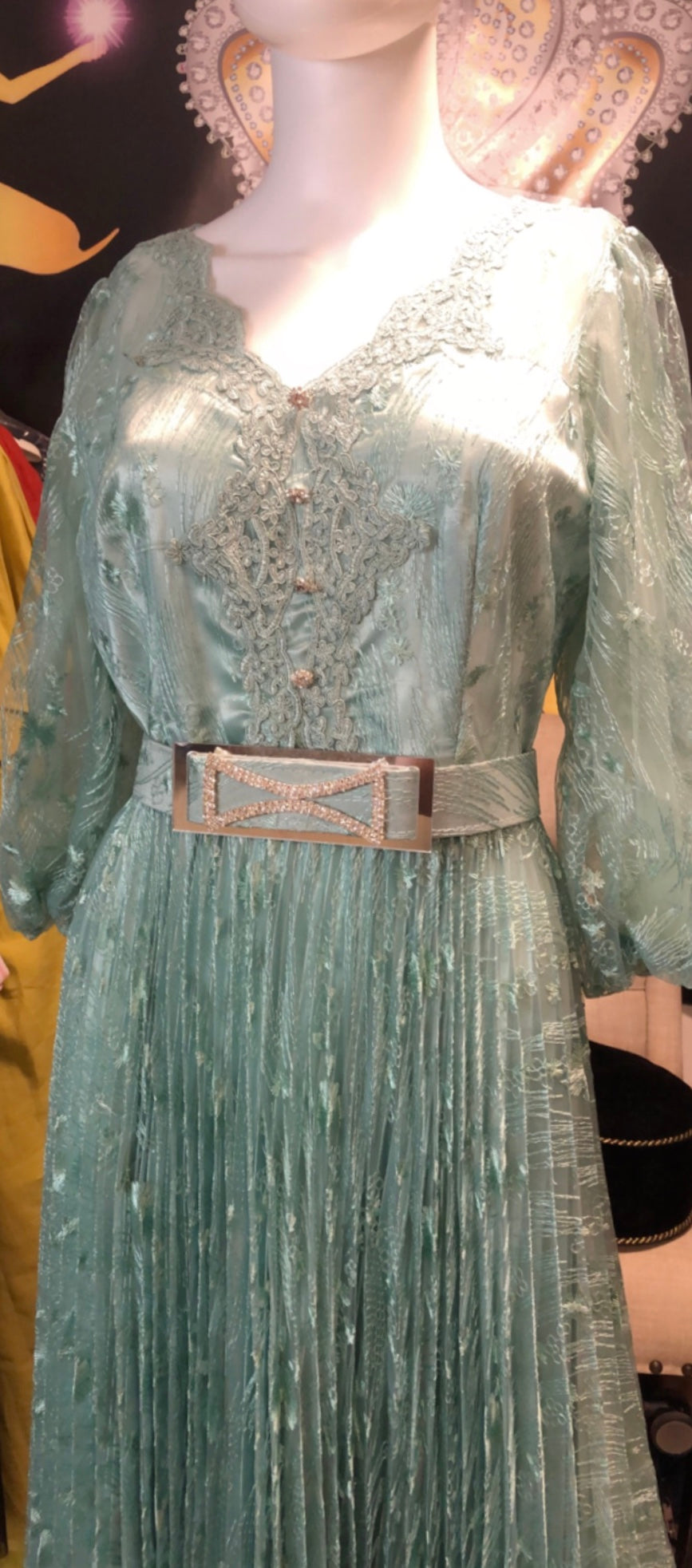 Elegant Embroidered See Through Fabric , Mint Color , with Elegant Belt - SHB